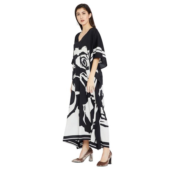 Women Floral Printed Kaftan Maxi Dress Black Moo Moos Cover Up by Gypsie Blu - Picture 7 of 9